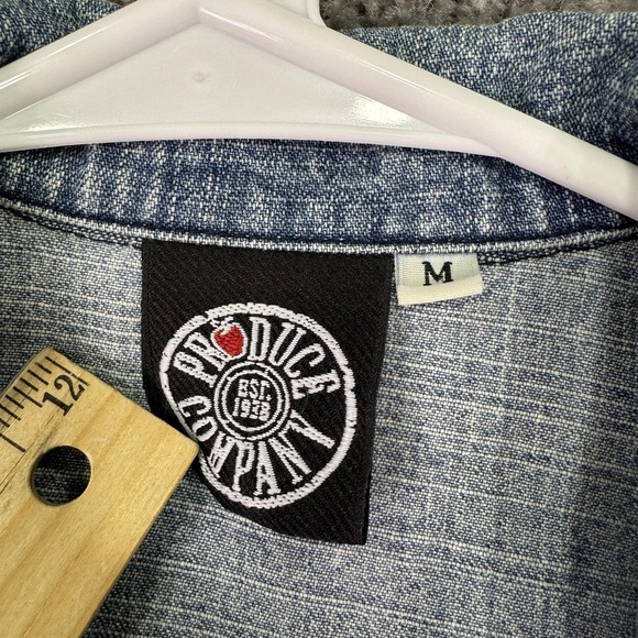 Produce Company Jacket Womens Medium Blue Denim Floral Long Sleeve Lightweight - Picture 3 of 13